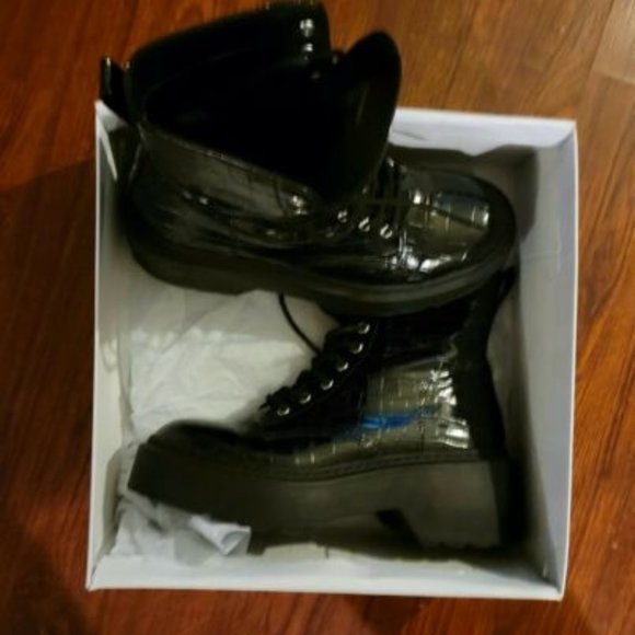 Black Crock Embossed Patent Leather Platform Combat Boots - Picture 2 of 9